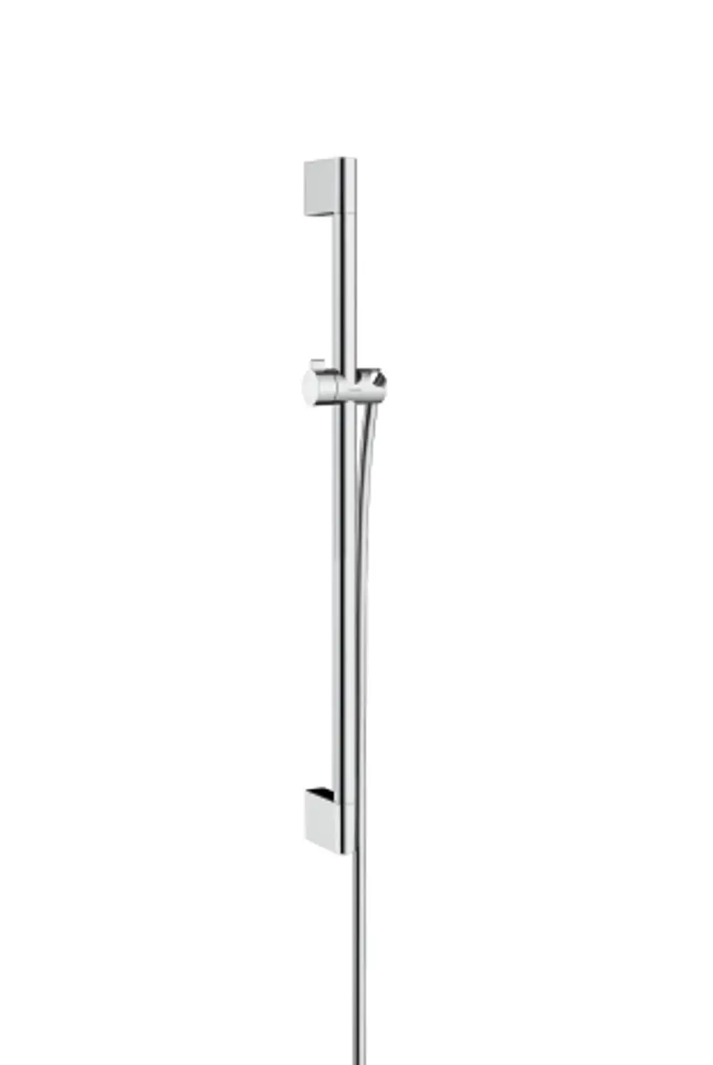 Vertikale, glänzende Brausestange von Hansgrohe mit einem Schlauchhalter und einem flexiblen Brauseschlauch, montiert an einer weißen Wand.